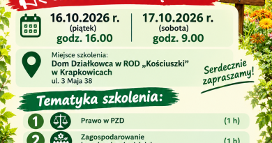 Obowiązkowe szkolenie dla nowych działkowców w dniach 16-17 października 2026r. w Krapkowicach